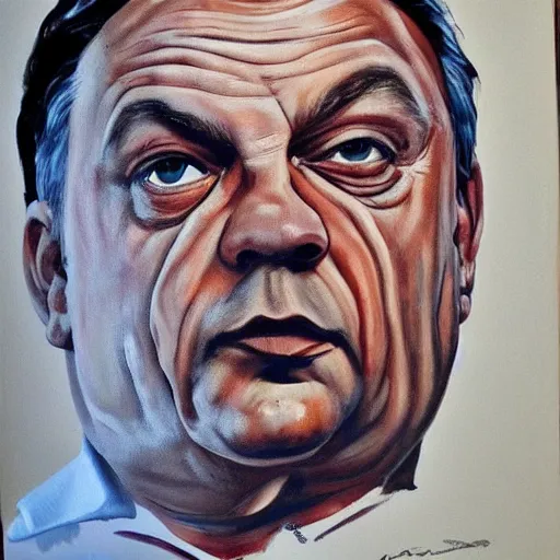 Image similar to old child paints a sausage and viktor orban on white paper, anatomically correct, oil painting, hyper realistic, 8 k highly detailed