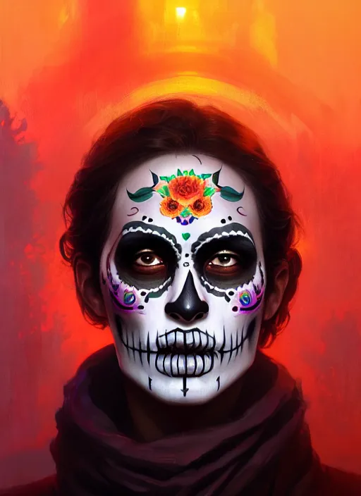 Image similar to portrait of dia de muertos as rick grimes, extremely detailed digital painting, in the style of fenghua zhong and ruan jia and jeremy lipking and peter mohrbacher, mystical colors, rim light, beautiful lighting, 8 k, stunning scene, raytracing, octane, trending on artstation