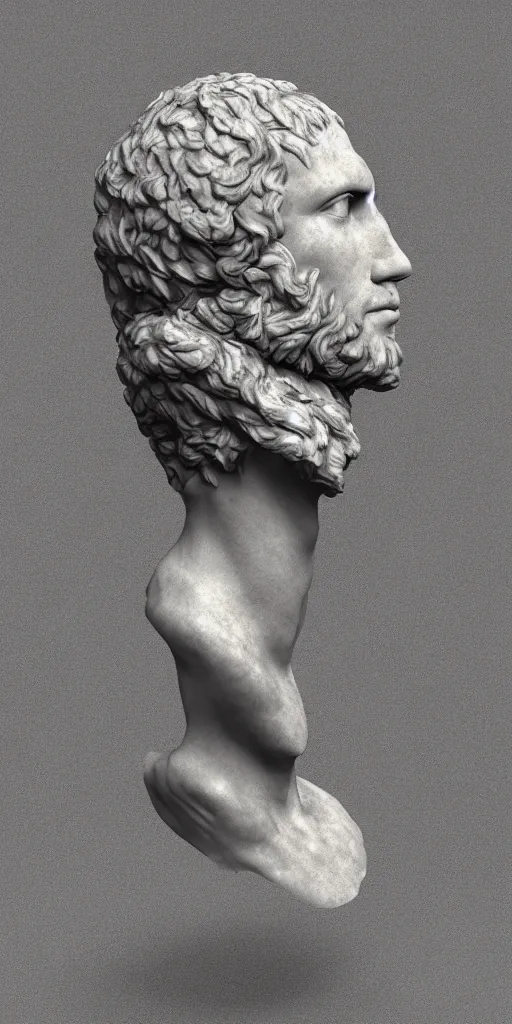Image similar to 3d bust of a roman mans head floating, made of marble, mystical, surrounded by smoke, digital art, 4k