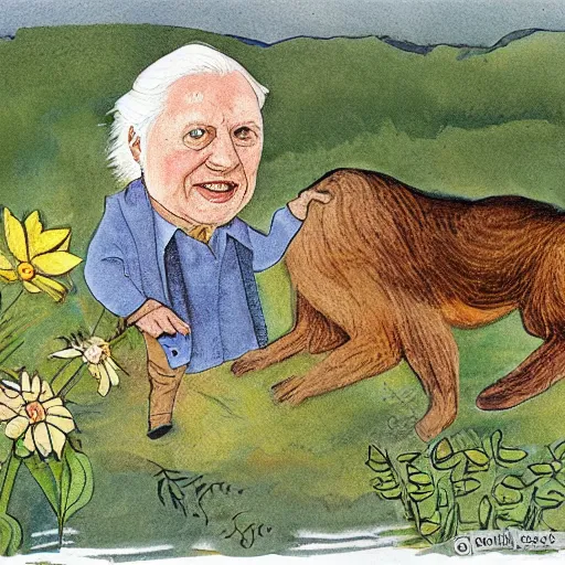 Image similar to Sir David Attenborough as Sungglepot in the style of May Gibbs,