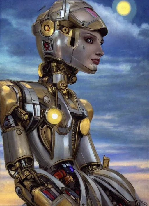 Prompt: biblical shy beautiful female mecha mage android robot, jump, rollerblades, heavy eyes to the side, closeup, bright glowing veins, in clouds, sunset, portrait, by gerald brom, by mikhail vrubel, by peter elson, muted colors, extreme detail, reflections, trending on artstation, 8 k