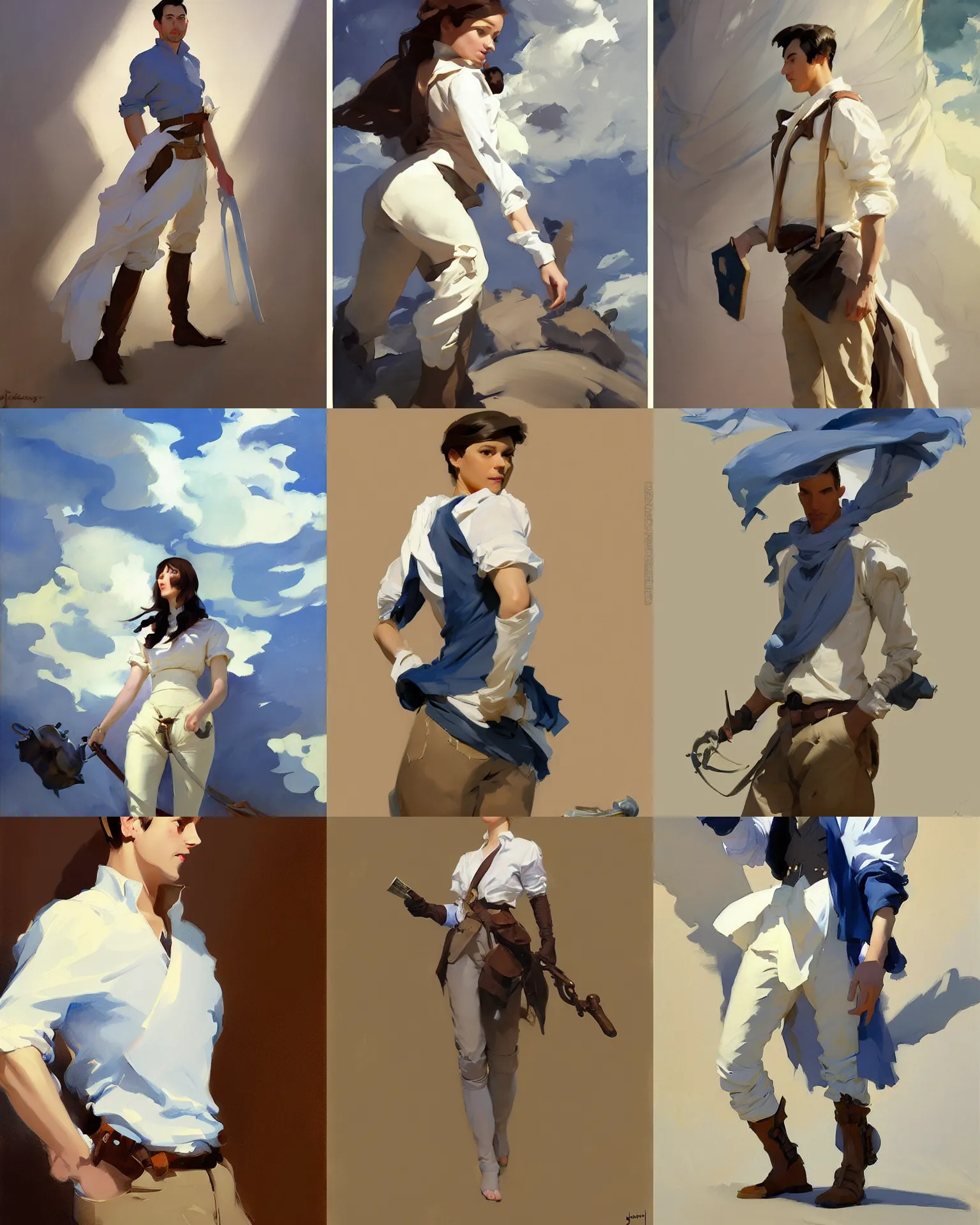 Prompt: white brown blue cloth fabric jodhpurs greg manchess painting by sargent and leyendecker, studio ghibli, fantasy, medium shot, asymmetrical, intricate, elegant, matte painting, illustration, hearthstone, by greg rutkowski, by greg tocchini, by james gilleard, by joe fenton