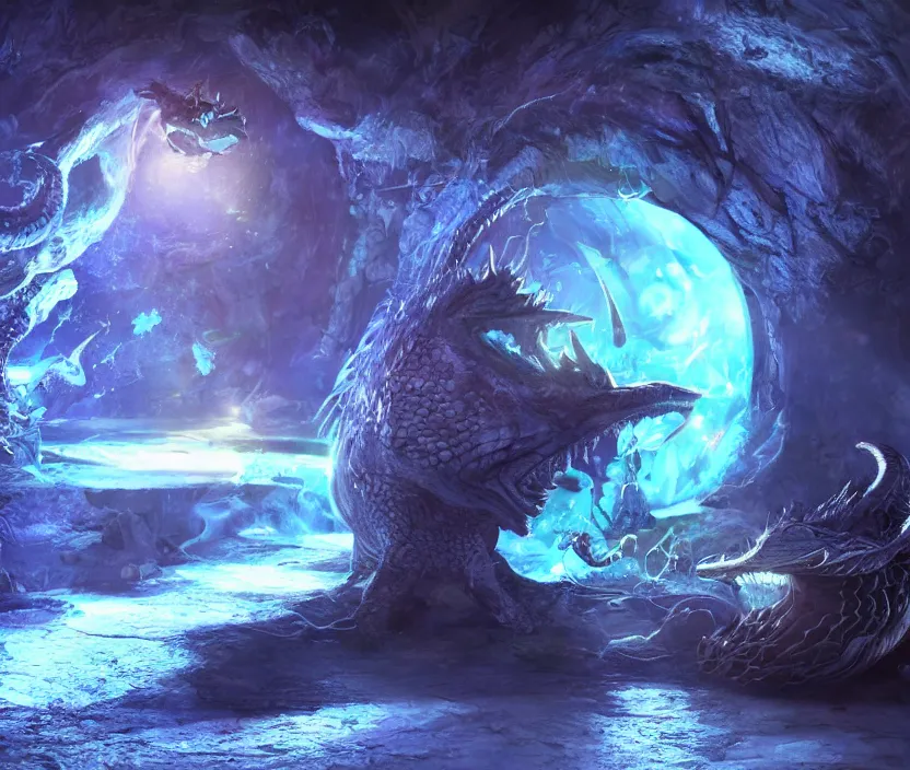 Image similar to a little spherical blue slime looking to a sitting black dragon inside a cave with magic crystals, hyperrealistic, digital art, concept art, octane render, unreal engine 5, trending on DeviantArt, trending on DeviantArt, highly detailed, high quality, 8K HDR, path traced, anatomically correct, geometric, cinematic, high coherence