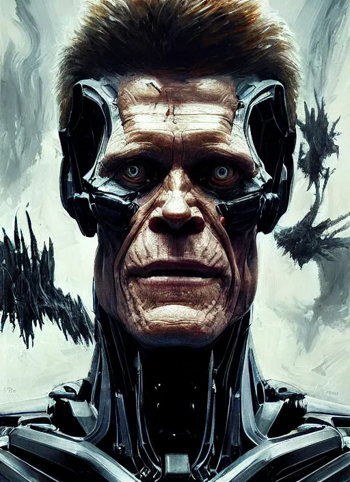 Image similar to willem dafoe as victor stone, full concept, cyborg, borg, strogg, face of a man, terminator, flesh, quake strogg, doom demon, wolfenstein, monstrous, powerful, symmetry, symmetrical, concept art by ruan jia and greg rutkowski