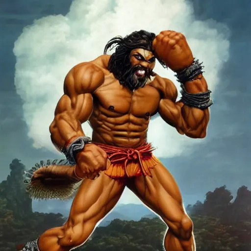 Image similar to jason momoa as dhalsim street fighter, high kick, ultra realistic, concept art, intricate details, highly detailed, photorealistic, octane render, 8 k, unreal engine, art by frank frazetta, simon bisley, brom