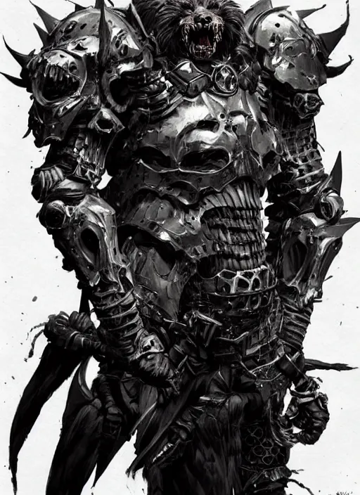 Prompt: Full body portrait of a scary gnoll. Armour made of human skulls. In style of Yoji Shinkawa and Hyung-tae Kim, trending on ArtStation, dark fantasy, great composition, concept art, highly detailed.