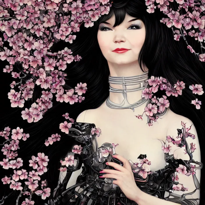 Image similar to a photograpic portrait of a anthropomorphic bjork cherry - blossom wearing black cyber dress, fantasy, intricate, elegant, highly detailed, digital painting, artstation, concept art, smooth, sharp focus, illustration, art by artgerm and h r giger and alphonse mucha