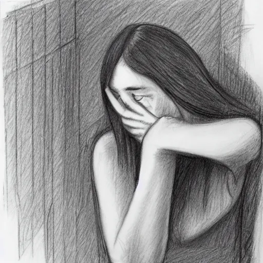 Image similar to a girl holding the bathroom sink while facing the mirror and crying, pencil sketch