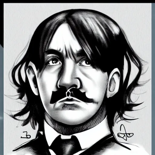 Prompt: adolf Hitler looks like a cute anime girl with long curly hair and big tempting eyes, by studio Shaft