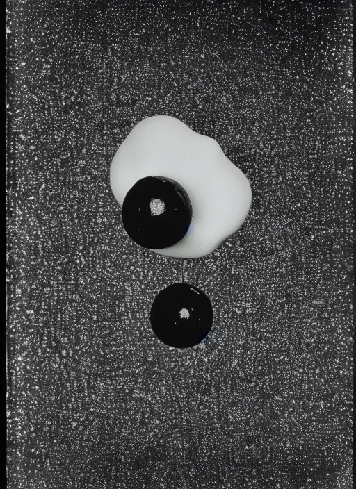 Image similar to realistic object photo of sculpture molecule made of eyeballs, black cloud made of caviar, readymade, dadaism, fluxus, man ray 1 9 9 0, life magazine photo