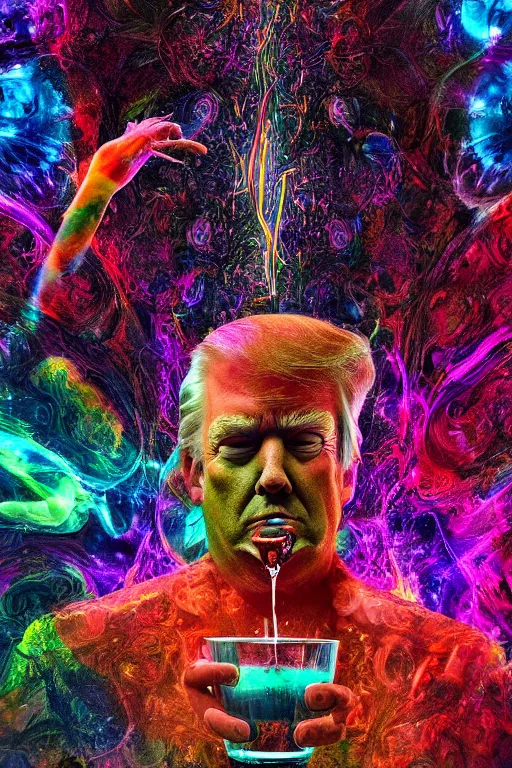 Prompt: psychedelic portrait of trump drinking ayahuasca in a wormhole, psychedelic,, dramatic lighting, concept art, beautiful, artstation