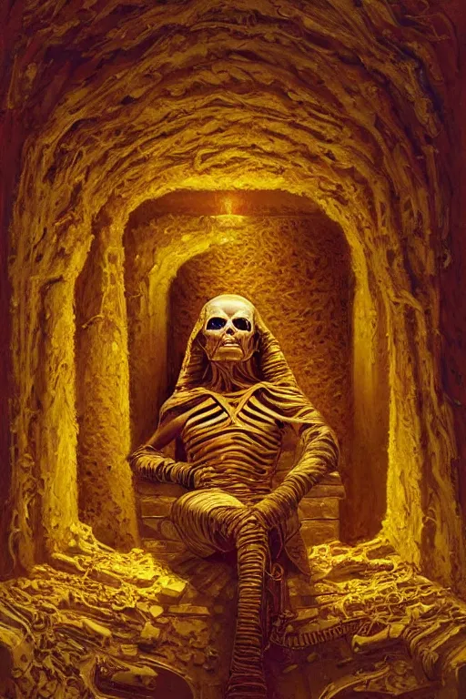 Prompt: classic oil painting, a mummy sitting up in his ornate golden sarcophagus, as a dnd character, inside a dilapidated tomb, cottagecore, highly detailed, digital illustration, concept art, smooth, sharp focus, art by tim hildebrandt, and greg hildebrandt