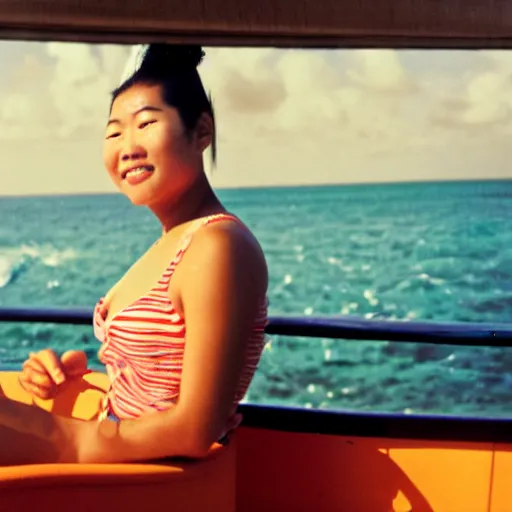 Prompt: asian woman with black ponytail sitting on a beach chair on a a cruise ship overlooking the bahamas, vintage 3 5 mm film photo grainy high detail