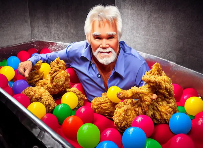 Prompt: photo still of kenny rogers in a ball pit filled with fried chicken!!!!!!!! at age 4 6 years old 4 6 years of age!!!!!!!! hiding from parents, 8 k, 8 5 mm f 1. 8, studio lighting, rim light, right side key light