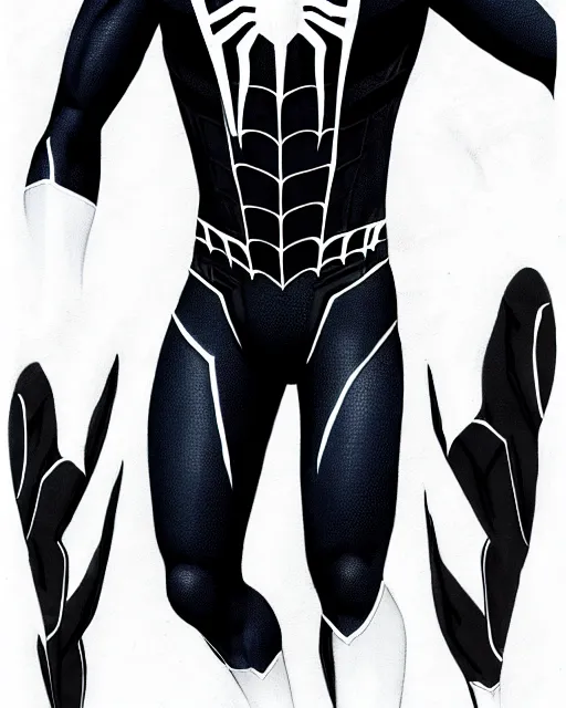 Prompt: black spider - man suit with white webbing, photorealistic, hyperdetailed sketch