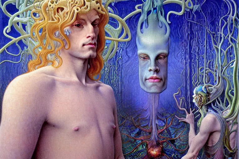 Image similar to realistic detailed portrait painting of a beautiful ghost man with blond hair with an alien, futuristic sci-fi forest on background by Jean Delville, Amano, Yves Tanguy, Alphonse Mucha, Ernst Haeckel, Edward Robert Hughes, Roger Dean, rich moody colours, blue eyes