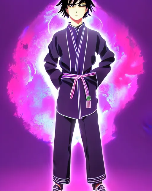 Image similar to anime style, vivid, expressive, full body, 4 k, painting, a young teenager boy with straight indigo hair, purple eyes with red eye markers, slim body, wearing a detailed japanese kimono. stunning, realistic light and shadow effects, centered, simple background, studio ghibly makoto shinkai yuji yamaguchi