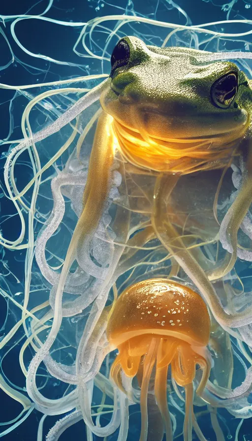 Prompt: macro photo of transparent and luminous fat frog with tentacles like a jellyfish, photorealism, octane, hard focus, vray