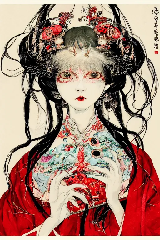 Image similar to watercolor painting of an avant - garde japanese cat queen in a victorian lolita fashion red dress in the style of lovecraftian horror painted by yoshitaka amano, takato yamamoto, ayami kojima, dmt art, symmetrical vogue face portrait, intricate detail, artstation, cgsociety, artgerm, rococo