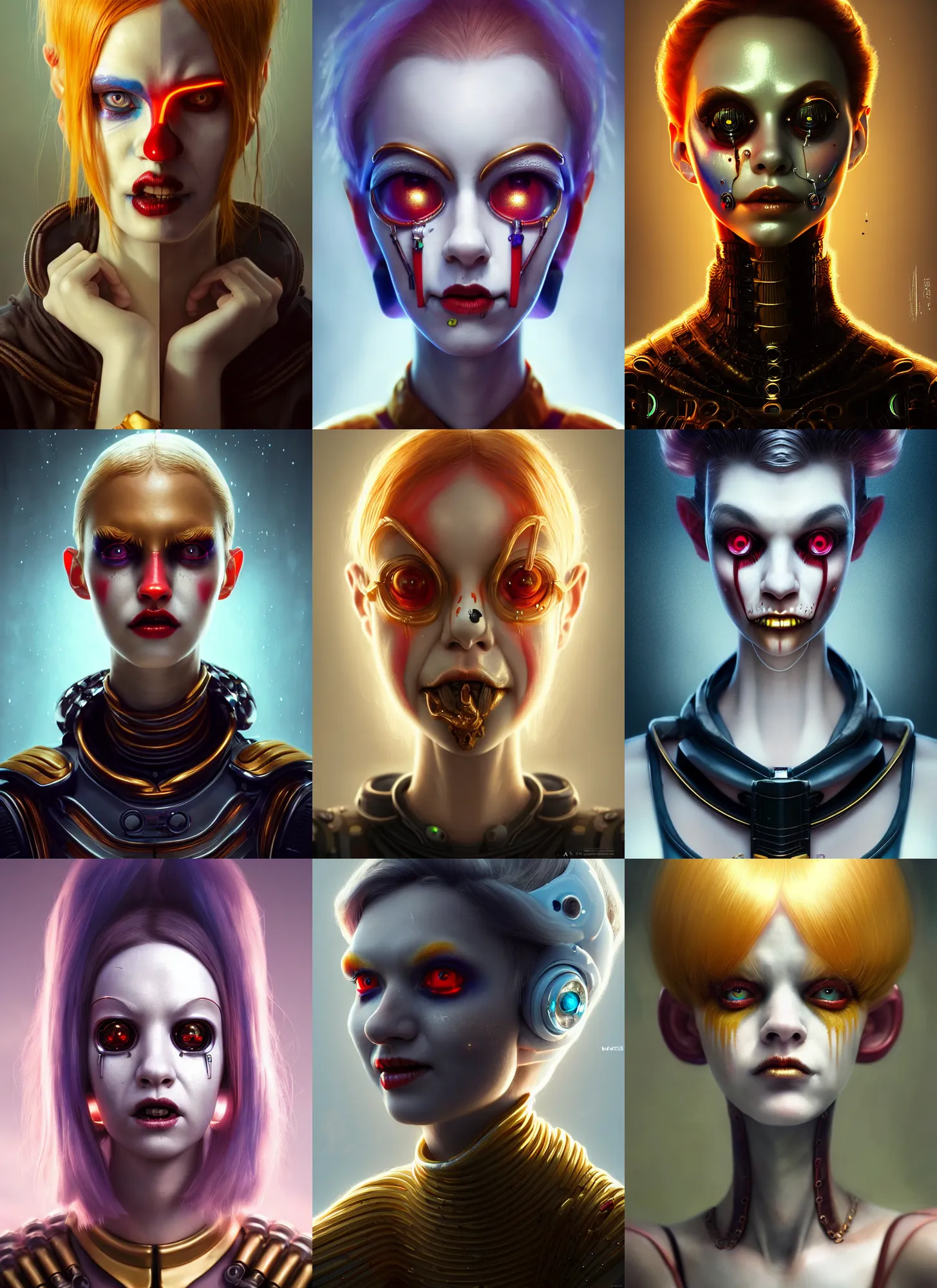 Prompt: pixar portrait 8 k photo, beautiful shiny white porcelain rich galactic scary clowncore russian cyborg college girl, golden ratio details, sci - fi, fantasy, cyberpunk, intricate, decadent, highly detailed, digital painting, octane render, artstation, concept art, smooth, sharp focus, illustration, art by artgerm, loish, wlop