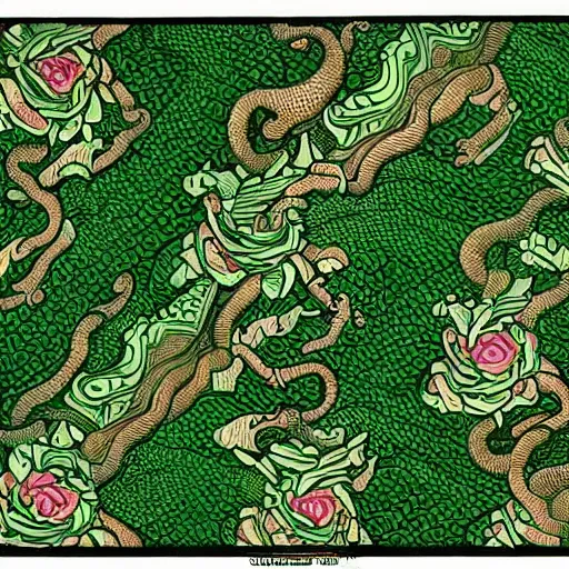 Image similar to green dragon surrounded by rose pattern, by mc escher, intricate, elegant