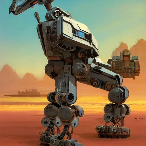 Prompt: a anthropomorphic humanoid tank Mech in the style of Ralph McQuarrie/Syd Mead/John Berkey detailed realistic HD 8k High Resolution