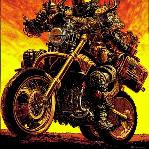 Prompt: infernal motorbikers, atmospheric lighting, painted, intricate, golden hour, ultra detailed by philippe druillet