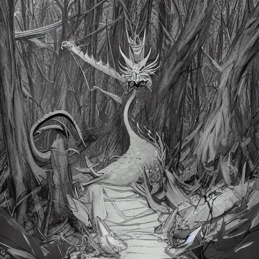 Image similar to concept art painting of an anthropomorphic dragon king with black robes, a long neck, and skull mask, in a deep forest, cel shaded, in the style of makoto shinkai and james gurney and studio ghibli and moebius