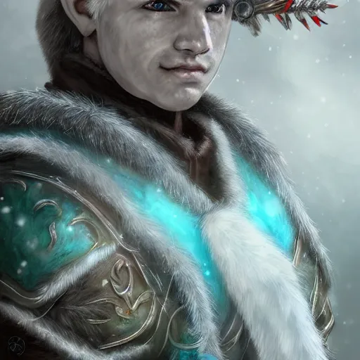 Image similar to handsome male snow elf archer portrait, turquoise cape and silver ornate armour as an archer, magical tundra background, albino skin, perfect face, very coherent symmetrical artwork, trending on artstation, award - winning