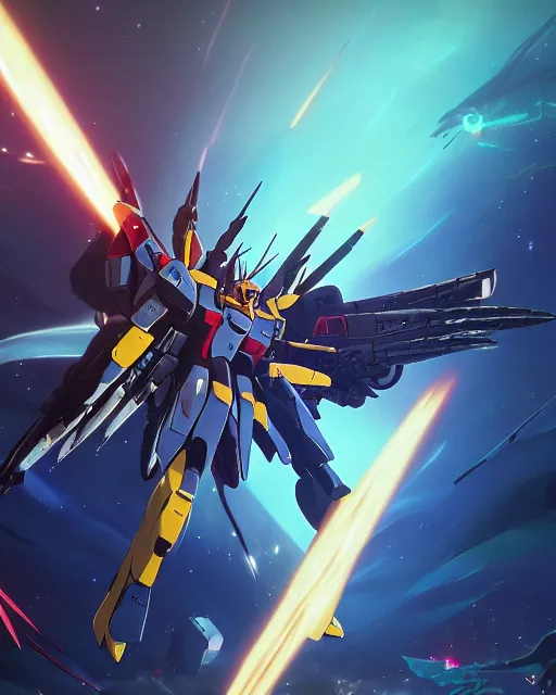 Image similar to highly detailed vfx portrait of gundam deathscythe hell fighting gundam epyon in space beam saber clash energy beams explosions, unreal engine, greg rutkowski, loish, rhads, beeple, makoto shinkai and lois van baarle, ilya kuvshinov, rossdraws, tom bagshaw, alphonse mucha, global illumination, detailed and intricate environment