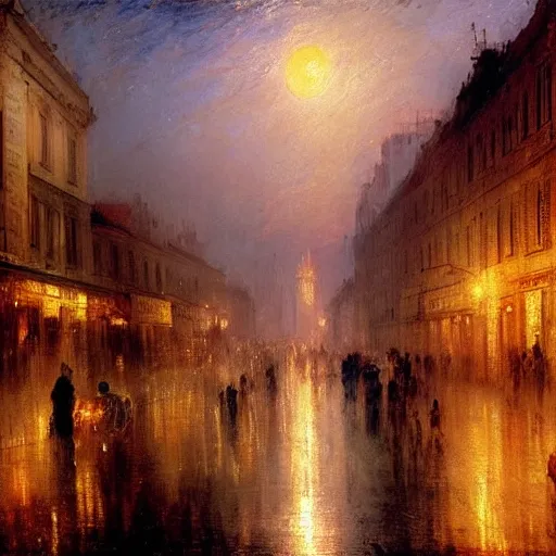 Image similar to highly detailed painting of night streets of belgrade, by william turner, by greg rutkowski, by william constable, thick brush strokes and visible paint layers, 4 k resolution