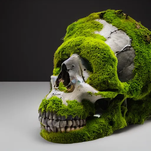 Image similar to A skull being covered in moss, with a projector beam emitting from the left eye socket, the skull has wisps of smoke surrounding it, rear view cinematic lighting