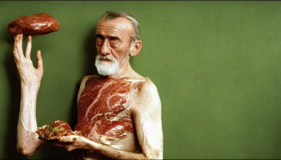 Image similar to 70s movie still of a ill skinny old man with meat clothes in a green wall hospital, eastmancolor, heavy grain, high quality, higly detailed, liminal space