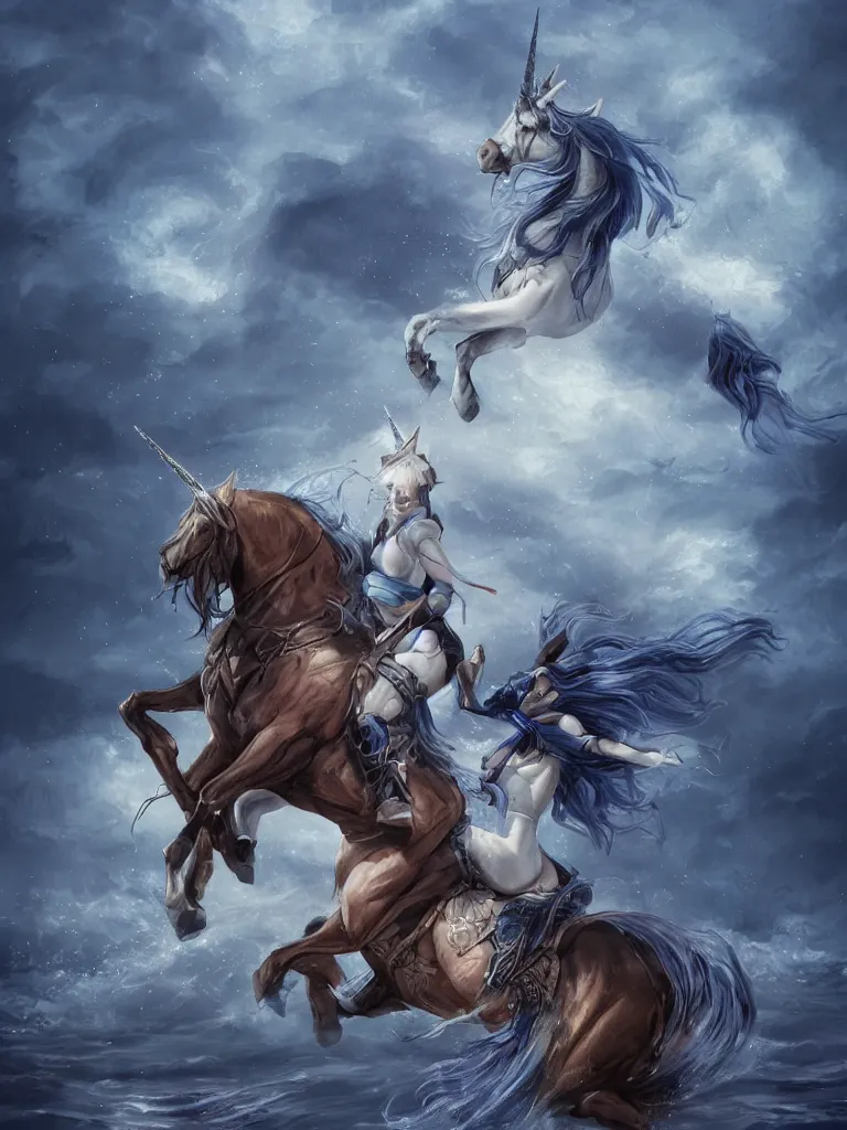 Image similar to a vintage photo of a sad maiden riding on the unicorn in the river, gloomy, strong subsurface scattering, cobalt blue, symmetrical, highly detailed, digital painting, artstation, painted by stjepan sejic, concept art, smooth, sharp focus, illustration, cinematic lighting, 8 k resolution