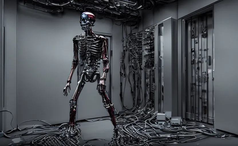 Prompt: terminator without flesh, staying in front of data center room. extreme long shot, high detail, cinematic colors