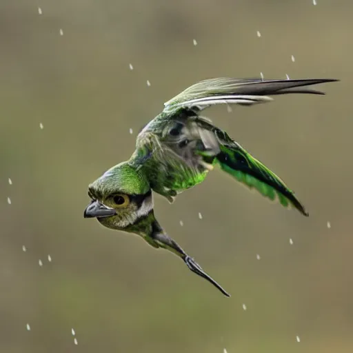 Image similar to gollum - faced bird flying in rain