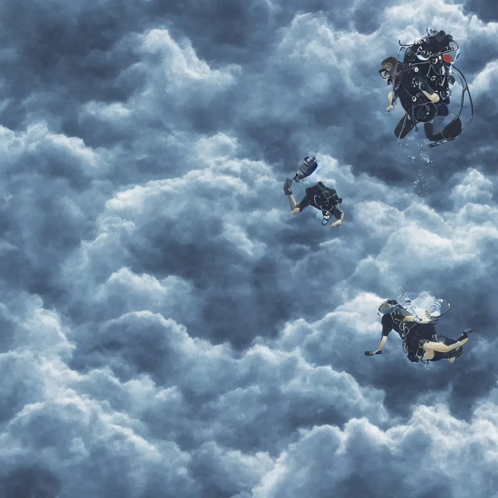 Image similar to a scubadiver floating above the clouds, closeup, digital illustration