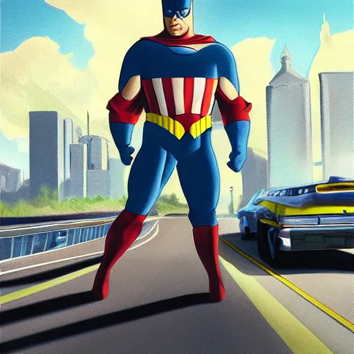 Prompt: highway, rob liefeld, photorealism, superhero with a cat head, cars