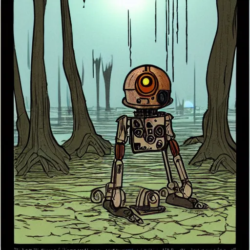 Image similar to illustration of a small and rusty observation droid in a swamp by don bluth, eerie atmosphere, fog, cinematic lighting, pulp adventure comics