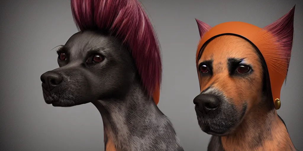 Image similar to portrait of a dog with a human mohawk hat, digital art, unreal engine