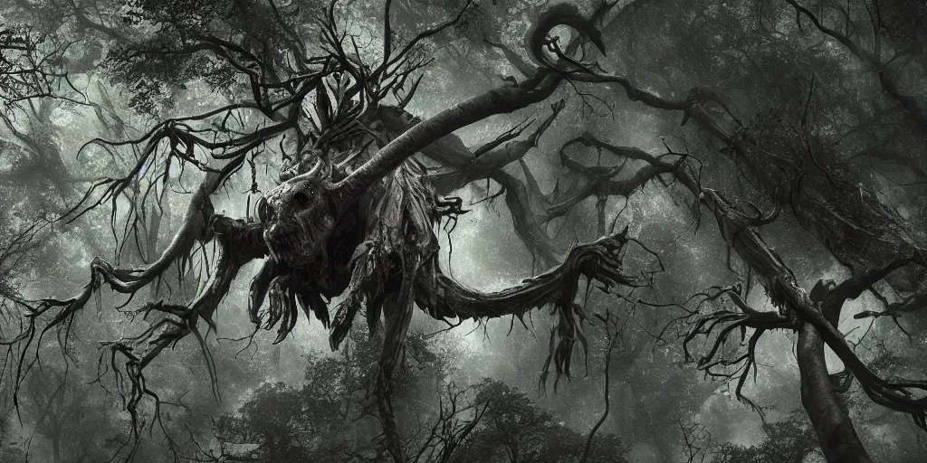 Prompt: a massive evil beast with rotting skin and horns above the trees looking down at the camera through a thick canopy, horror movie, low angle, cloudy, overcast, highly detailed, award winning, digital art