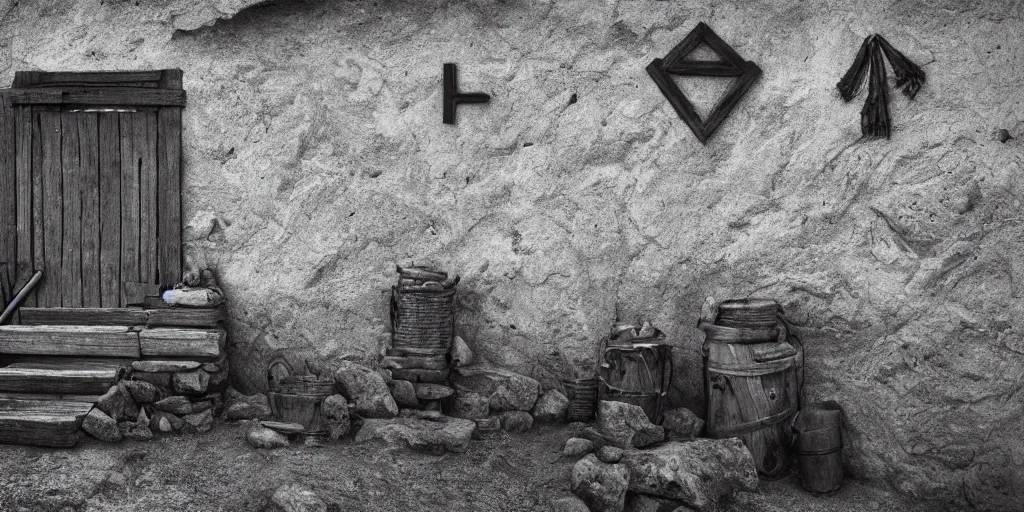 Image similar to photography of a wall with alpine farmer tools in shape of occult signs hanging down, old hut, alp, dolomites, alpine, detailed intricate insanely detailed octane render, 8k artistic 1920s photography, photorealistic, black and white, chiaroscuro, hd, by David Cronenberg, Raphael, Caravaggio