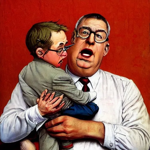 Prompt: peter griffin from family guy being held hostage by dr. anthony fauci, painted by norman rockwell