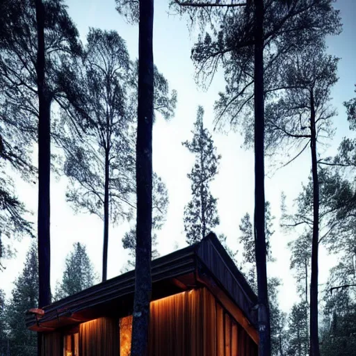 Image similar to beautifully detaild brick and dark wood cabin in the dense forest, lit by moonlight, night time, warm lights, detailed cabin in the woods