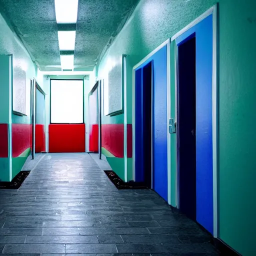 Prompt: two doors, one leads to a bathroom soaked in blue light, the other leads to a scary red hallway, vhs footage