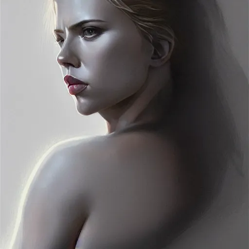 Image similar to scarlett johansson in a black swimsuit, intricate, elegant, highly detailed, digital painting, artstation, concept art, smooth, sharp focus, illustration, art by artgerm and greg rutkowski