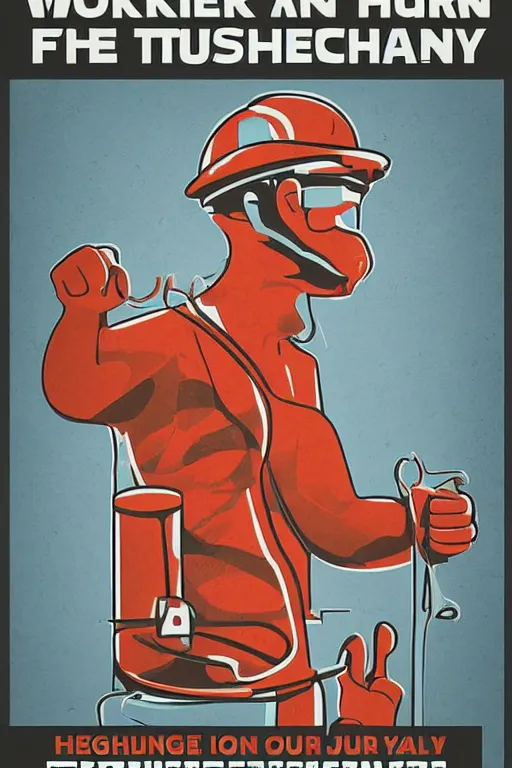 Image similar to worker burn factory with oculus through his head, poster propaganda art style, higly detailed