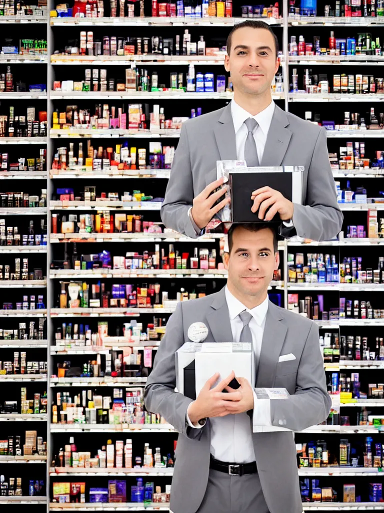 Image similar to a formal portrait photograph of an expanding salesman dissected into cubes. he is stacked on a supermarket shelf in the cosmetic aisle