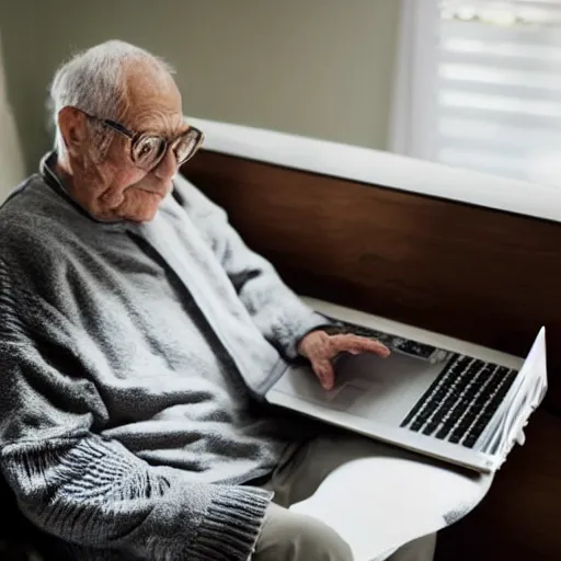 Prompt: elderly man sitting inside a casket browsing internet on laptop from a casket casket, award winning photo