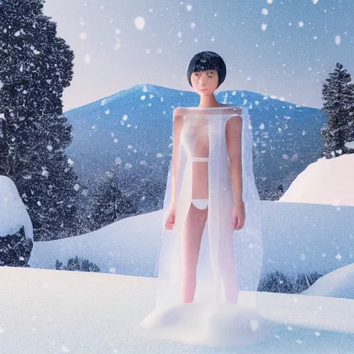 Prompt: a instax photo of fuji mountain, a tall japanese girl in a transparent sheer fabric dress against the background of fuji mountain, severe snow, full body shot, perfect symmetrical body, perfect symmetrical face, coherent symmetrical eyes, hyperrealistic, hyperdetailed, octane render, 8 k